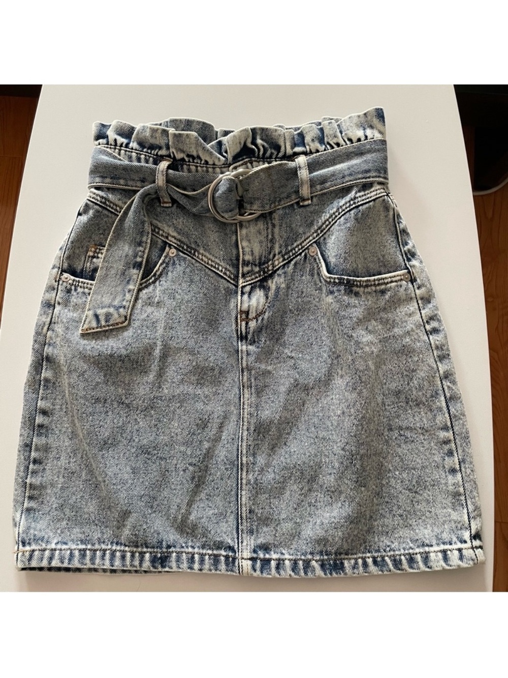 High-Waist Denim Skirt with Tie Belt - Light Wash Blue